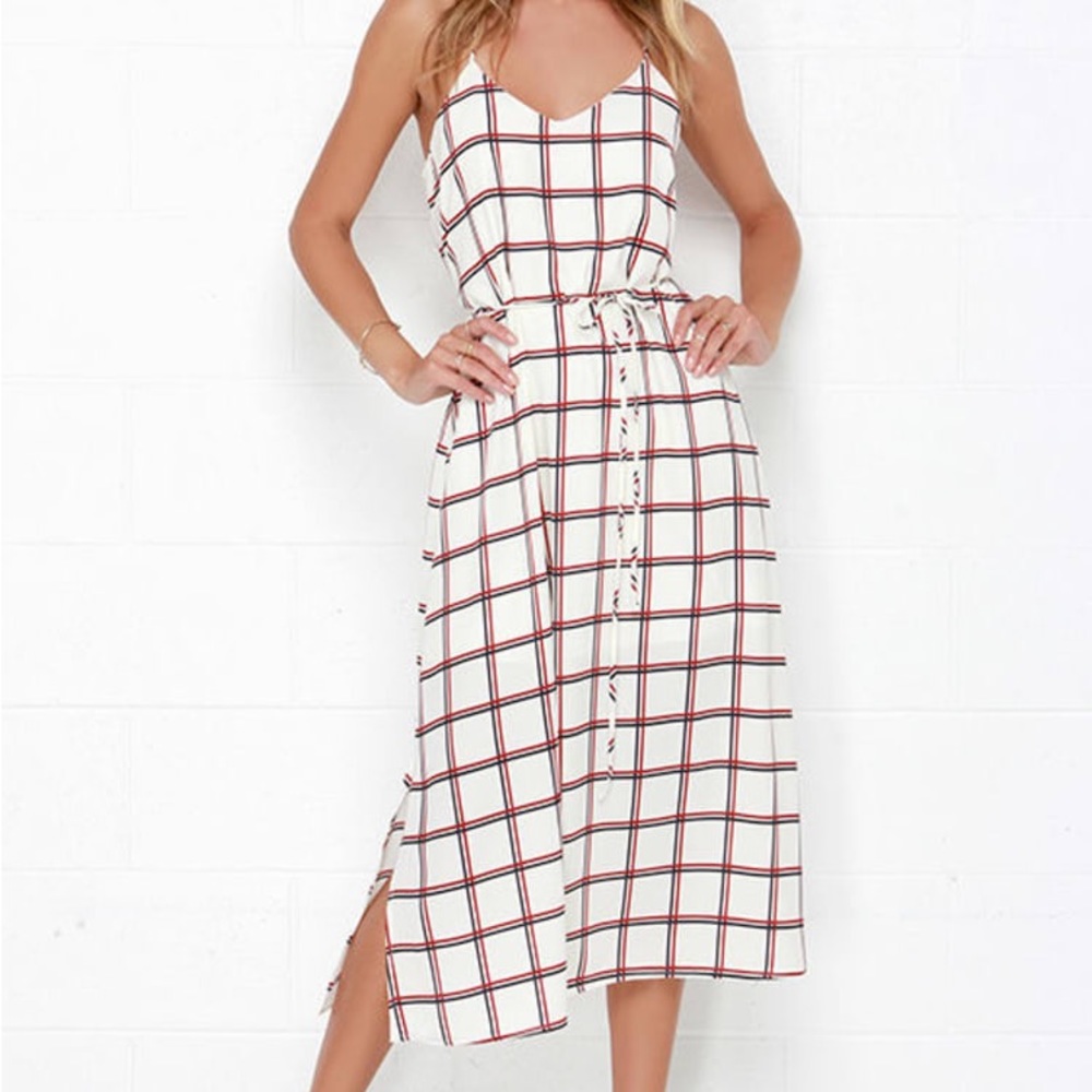 Plaid Attitude Cream Plaid Check Gingham Print Midi Dress